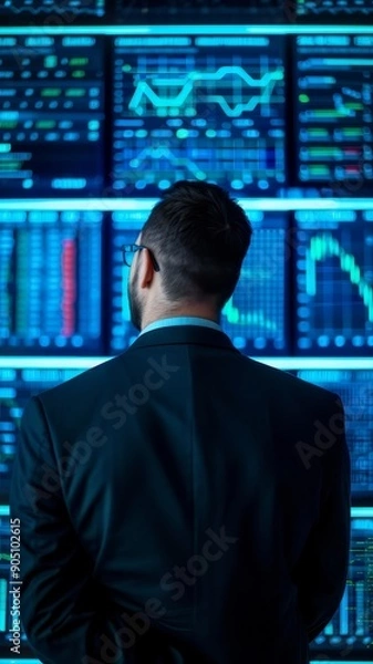 Fototapeta businessman analyzing data on multiple screens in a modern office setting - stock