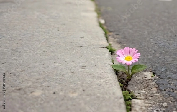 Obraz Little cute flower growing up on street crack, concept of maintaining hope in hard times, never give up and take strength when life is difficult with resilience