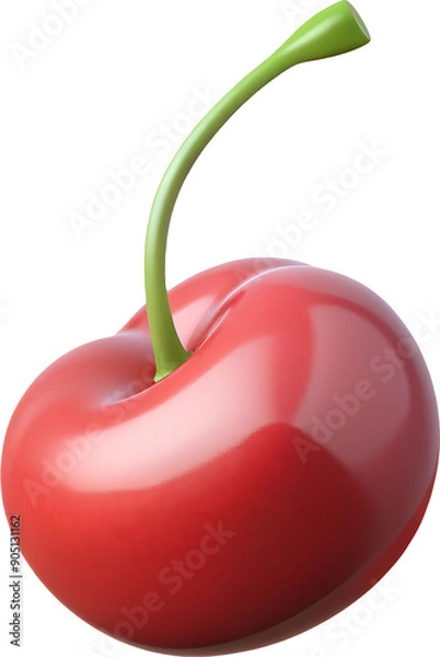 Fototapeta single shiny red cherry with green stem isolated on white background - 3d for food, drink, and dessert design.