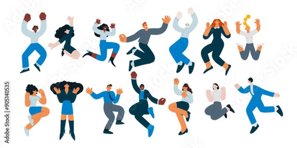 Fototapeta Collection of happy business employee females and males of different skin tones jumping in the air cheerfully isolated on white background. Modern flat vector illustration. Social media concept.