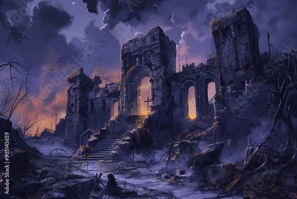 Obraz Ancient castle ruins in a dark postapocalyptic world with an eerie atmosphere