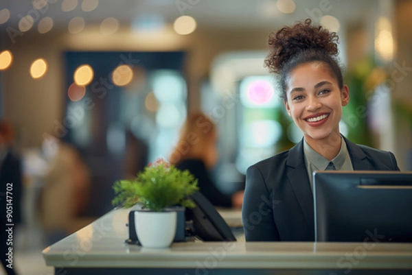 Fototapeta Mixed race woman working as a receptionist or front desk manager. Generative AI