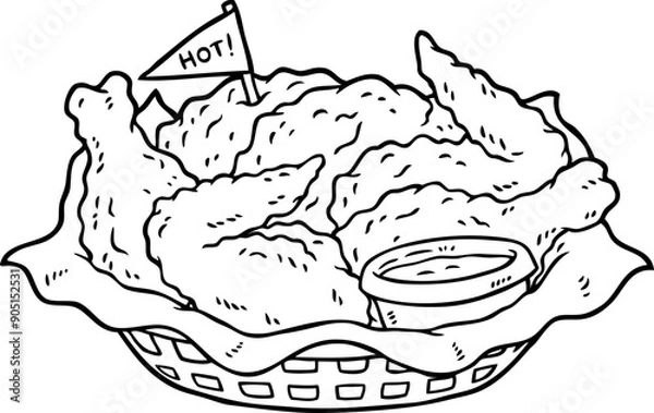 Fototapeta Hand Drawn Vector Cartoon Basket Of Fried Chicken Line Art