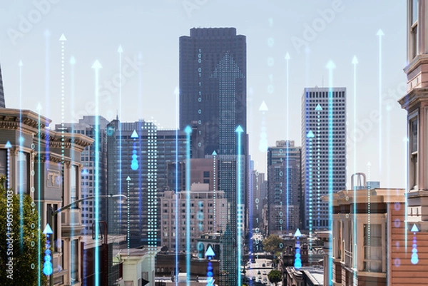 Fototapeta Modern cityscape with digital arrows and binary code overlay on buildings.