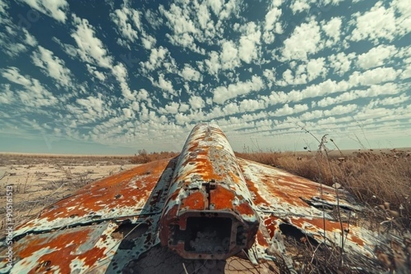 Fototapeta A beautifully captured image of the rusted remains of an old aircraft abandoned in a desert landscape under a sky filled with scattered clouds