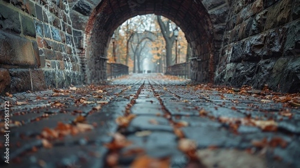 Fototapeta Cobblestone walkway under a historical stone archway lined with autumn leaves, leading to a misty park with a path covered in fallen foliage