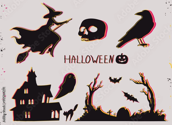 Fototapeta Halloween set. Silhouettes of classic scary characters and decorations. Neon outline. Vector flat objects.