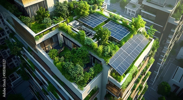 Fototapeta An Aerial View of Sustainable Living in an Urban Environment with Green Rooftops and Renewable Energy Sources, Showcasing Eco-Friendly Architecture and Urban Planning