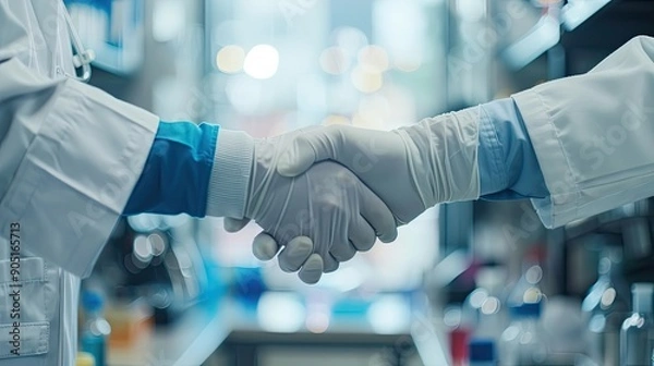 Obraz Science handshake and agreement in laboratory for success deal or gratitude Teamwork medical research and scientist shaking hands in gloves for partnership collaboration or welcome for doctors