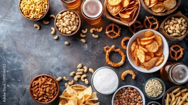 Fototapeta Assorted Beer Stands chips nuts pretzels Diverse Options for Refreshment flat lay with copy space