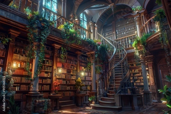 Fototapeta A grand library with a winding staircase and abundant foliage