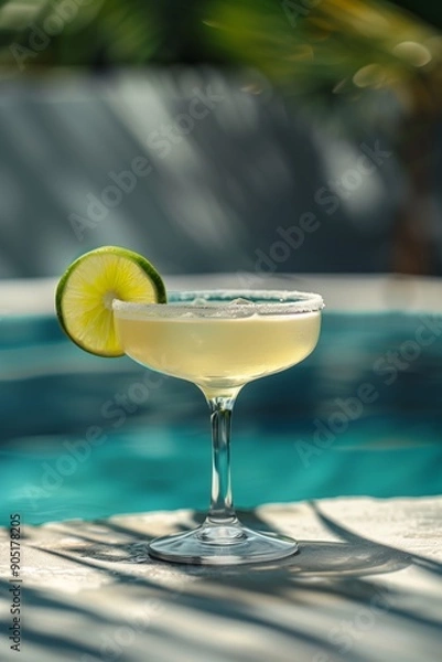 Obraz Refreshing margarita cocktail with a lime slice on the rim, set against a blurred blue pool backdrop and sunlit shadows.