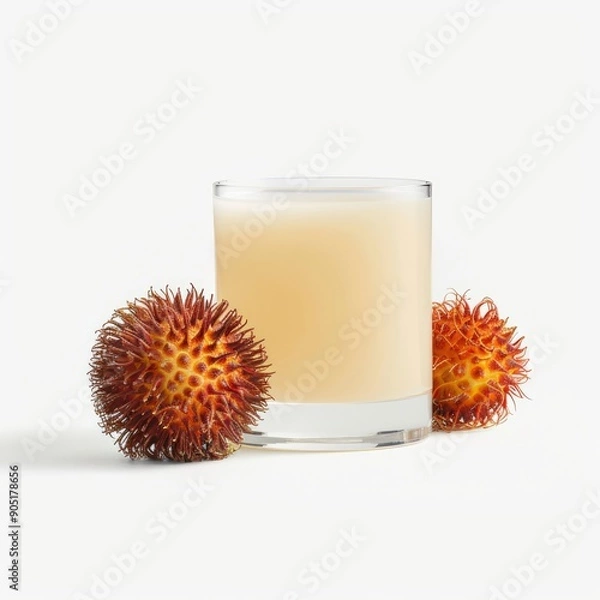 Fototapeta Medium shot of Glass of Rambutan juice near the Rambutan, isolated on a white background, 