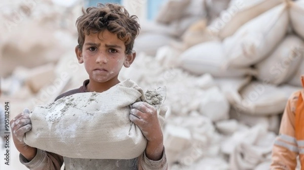 Fototapeta Portrait of a boy lifting a heavy bag of cement, strained expression, soft-focus background highlighting the construction materials around him, child labor.