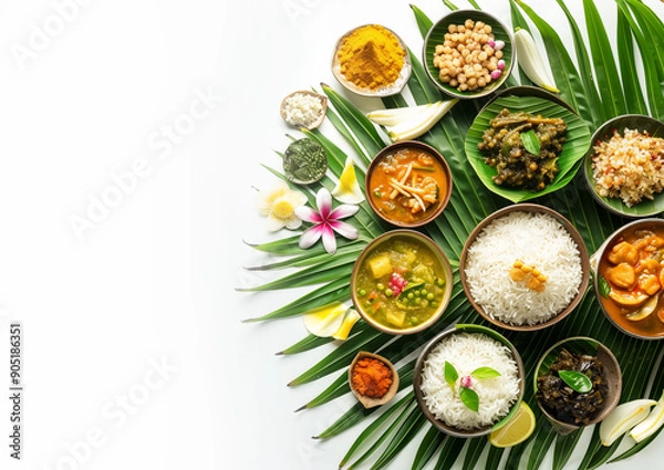 Obraz Traditional food Onam sadhya served on banana green leaf, south indian vegeterian meal arranged in traditional way. Onam Sadya vegetarian meal with rice and curries, kerala food, Kerala, india.	