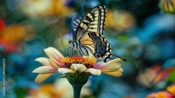Fototapeta butterfly lands on a flower or a bee gathers pollen, the photo was taken in the style of National Geographic, hyper-detailed photo, high quality photo, professional photoshoot, matterport camera, 80mm