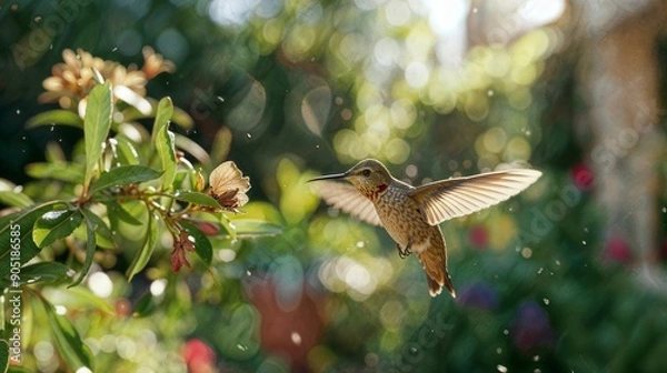 Fototapeta colibri flying in a backyard, the photo was taken in the style of National Geographic, hyper-detailed photo, high quality photo, professional photoshoot, matterport camera, 80mm lens, in the high reso