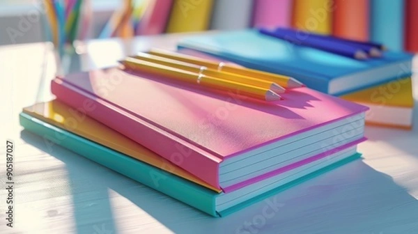 Fototapeta Three colorful brightly colored notebooks on the table Variety of school supplies