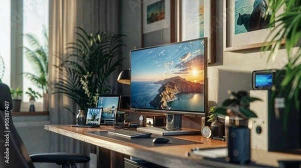 Fototapeta modern home office setup with essential tech gadgets and a professional ambiance, reflecting the trend of remote work , in the style of a decoration magazine, full of light, elegance, glamour, hyper-d