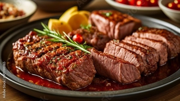Obraz  Deliciously grilled steak with vibrant garnish ready to be savored