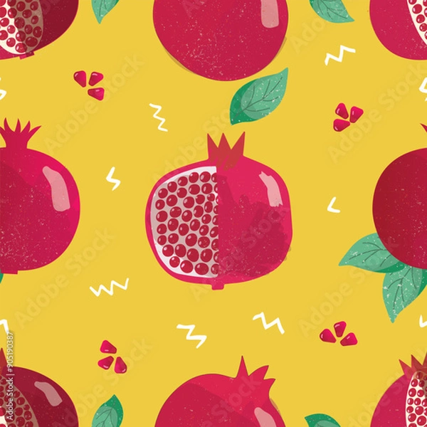 Fototapeta Seamless vector pomegranate pattern on yellow background. Seamless vector pomegranate background.