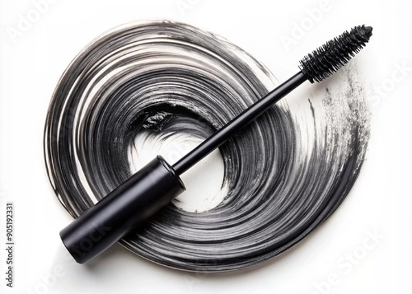Fototapeta Close-up of a circular black mascara texture with bold brush strokes isolated on a clean white background, creating a dynamic and modern aesthetic.