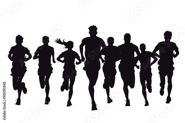 Fototapeta black silhouette group of runner running on white background