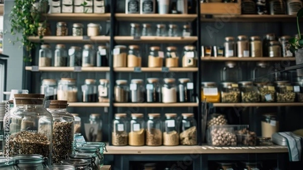 Fototapeta Bulk food items in glass jars on wooden shelves