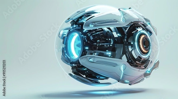 Fototapeta A futuristic, white drone with a glass dome, and blue and orange lights.