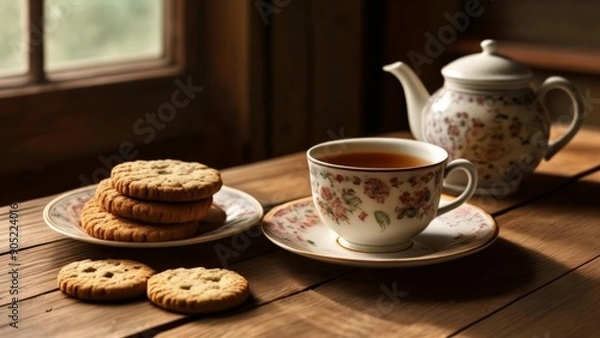 Fototapeta  Cozy afternoon tea setting with biscuits and floral tea set