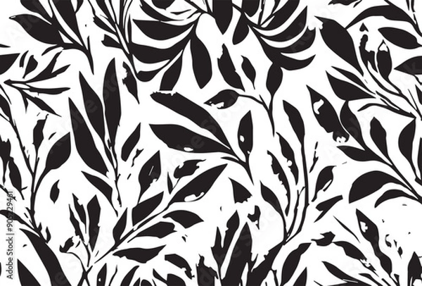 Fototapeta art vintage monochrome watercolor and graphic floral pattern with leaves on light background; Seamless Pattern; Illustration