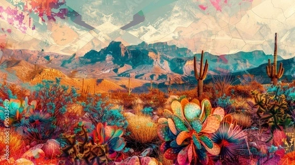 Fototapeta A mesmerizing desert landscape with colorful cacti in the foreground, mountains in the background, and a sky painted with hues of orange, pink, and purple. This image evokes a sense of adventure
