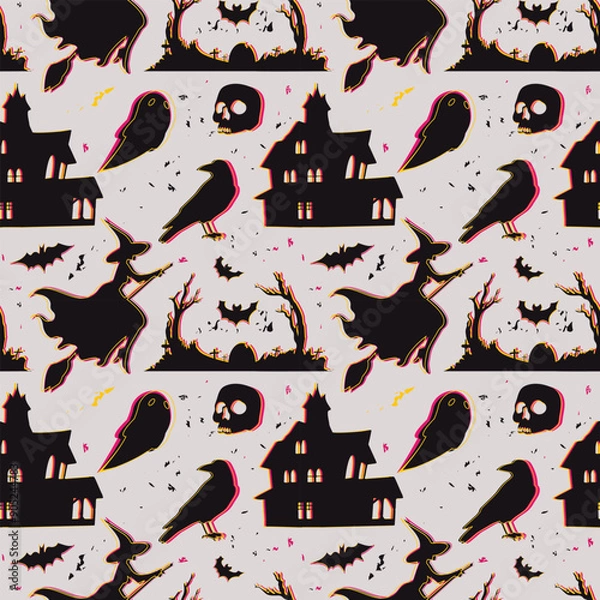 Fototapeta Vector seamless pattern witch, scary house, bats and other decorations on a gray textured background. Festive autumn background.