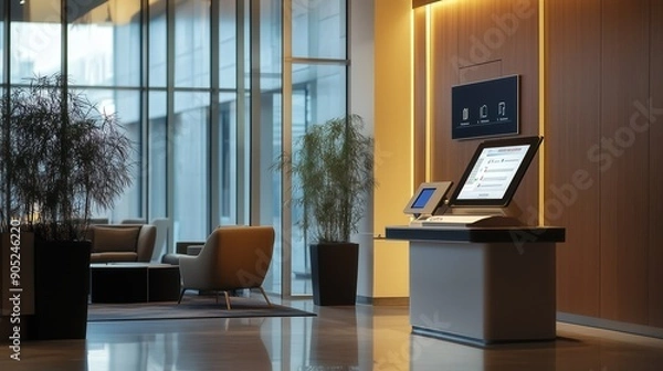 Fototapeta Modern Office Reception: Digital Check-In Kiosk in Contemporary Lobby. Streamlined Technology Enhancing Visitor Experience and Security Management in Corporate Environments. Innovative Workplace.