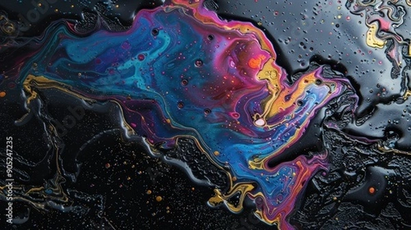 Fototapeta Multicolored metallic dye spills on black surface