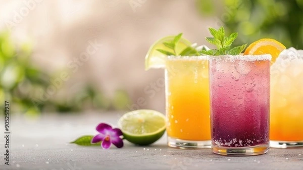 Fototapeta An artistic display of traditional Mexican drinks, such as horchata and agua fresca, with colorful garnishes