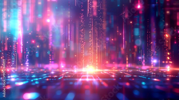 Fototapeta Futuristic business scene with colorful magical elements, front view, blending innovation and enchantment, advanced tone, Triadic Color Scheme