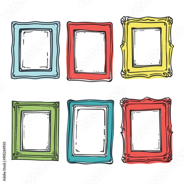 Fototapeta Set six colorful handdrawn picture frames. Doodle style gallery wall frames isolated white background. Various shapes colors, empty artworks photos