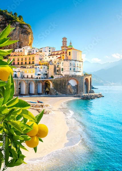 Obraz Beautiful view of Amalfi on the Mediterranean coast with lemons in the foreground, Italy
