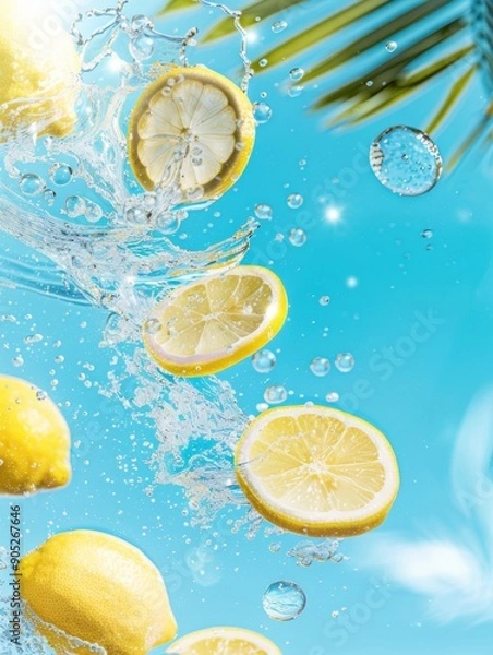 Fototapeta Floating Lemon Slices in a Tropical Setting with Bubbles Rising in a Glass of Iced Water, Capturing a Refreshing Summer Feel