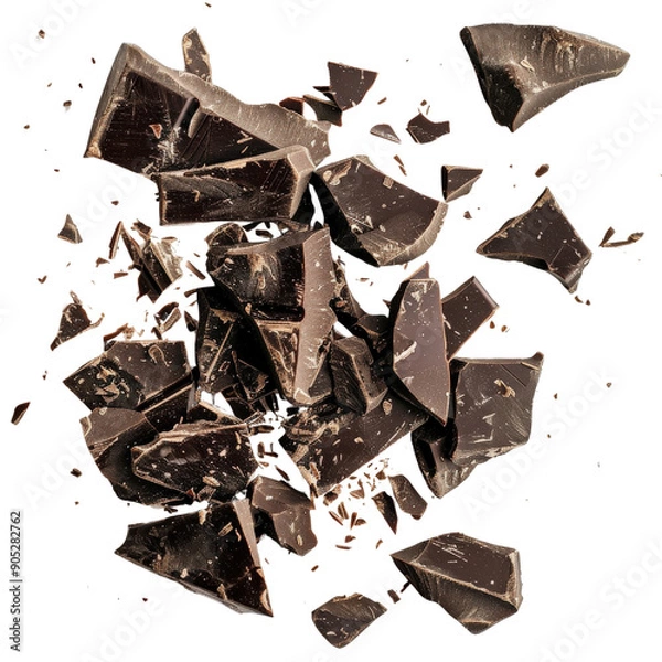 Fototapeta Close-up of dark chocolate pieces scattered on white background, showcasing rich texture and indulgent treat.