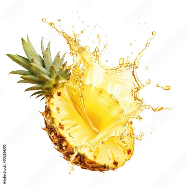 Fototapeta Fresh pineapple splash in mid-air, showcasing vibrant tropical fruit and refreshing juice for a lively and energetic visual delight.