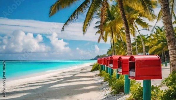Fototapeta Red mailboxes lined up on a tropical beach