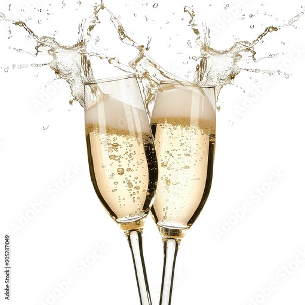Fototapeta Two champagne glasses clinking, celebrating a joyful occasion with splashes and bubbles in a festive, lively atmosphere.