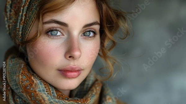 Fototapeta A striking portrait of a woman with a scarf and headband, her intense gaze and delicate features are complemented by the soft, warm colors of her clothing.