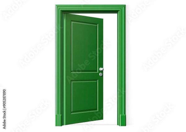 Fototapeta A green door with a silver handle is open