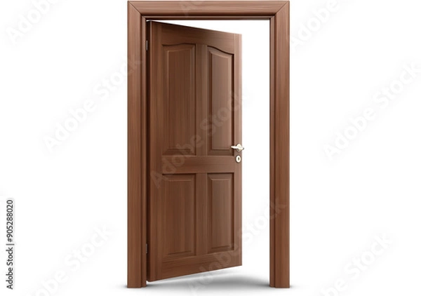 Fototapeta A wooden door is open, revealing a white background