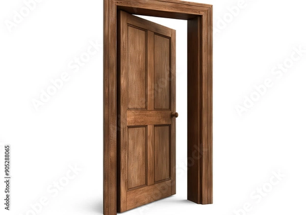 Fototapeta A wooden door is open, revealing a white background