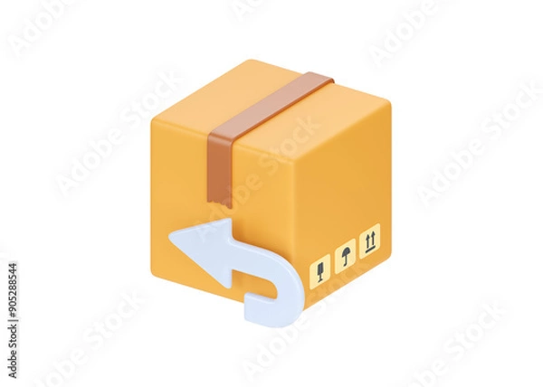 Fototapeta 3d box or delivery package return icon. Cardboard parcel concept with white arrow on white background