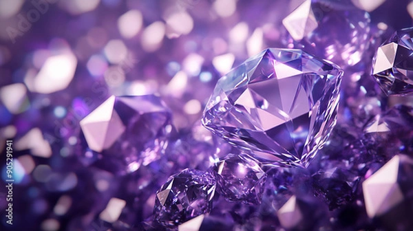Fototapeta A diamond background featuring a detailed view of diamond facets with light reflections on a deep purple background. The rich color and intricate details create a luxurious visual.